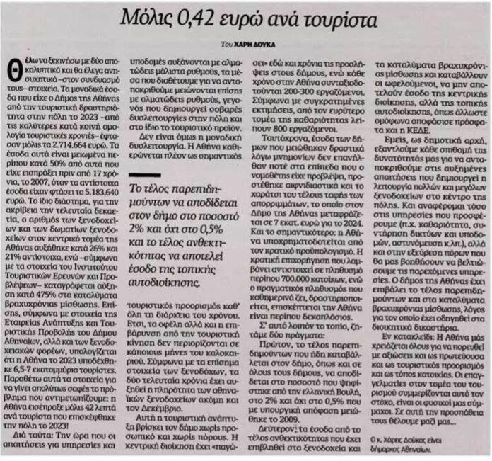Άρθρο Δημάρχου Αθηναίων, Χ. Δούκα, στην Καθημερινή της Κυριακής – Χάρης Δούκας: «Μόλις 0,42 ευρώ ανά τουρίστα»
