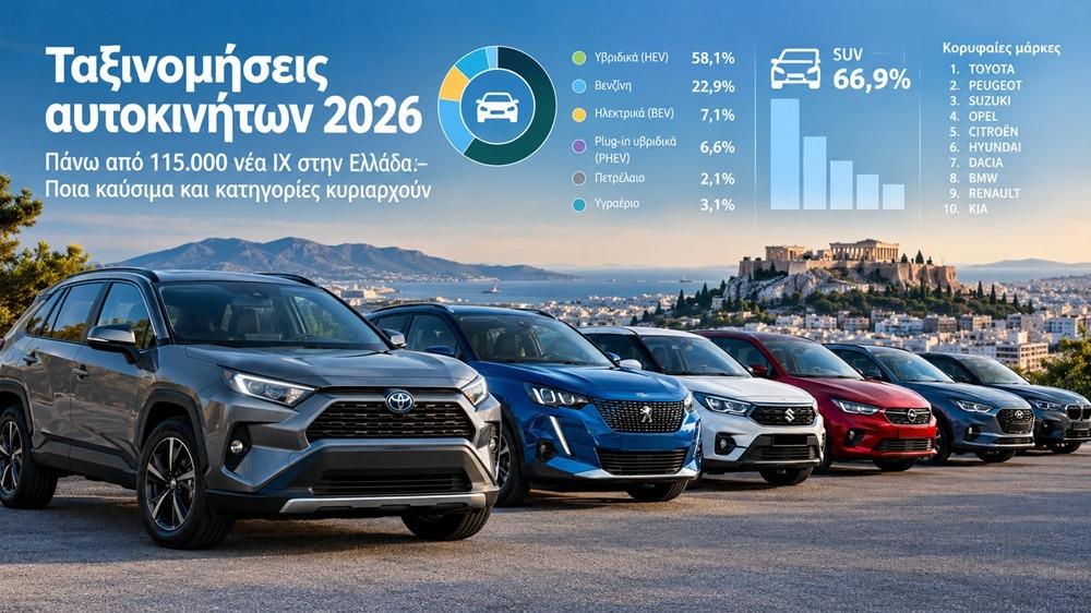 Αυτοκίνητα 2026: Υβριδικά και SUV ηγούνται των ταξινομήσεων στην Ελλάδα
